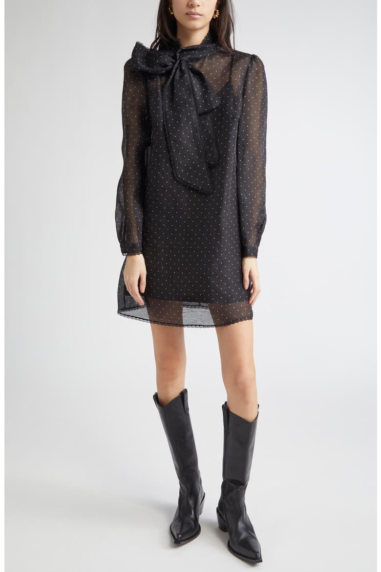 Dream Polka Dot Long Sleeve Pussy Bow Minidress, Main, color, BLACK DOT