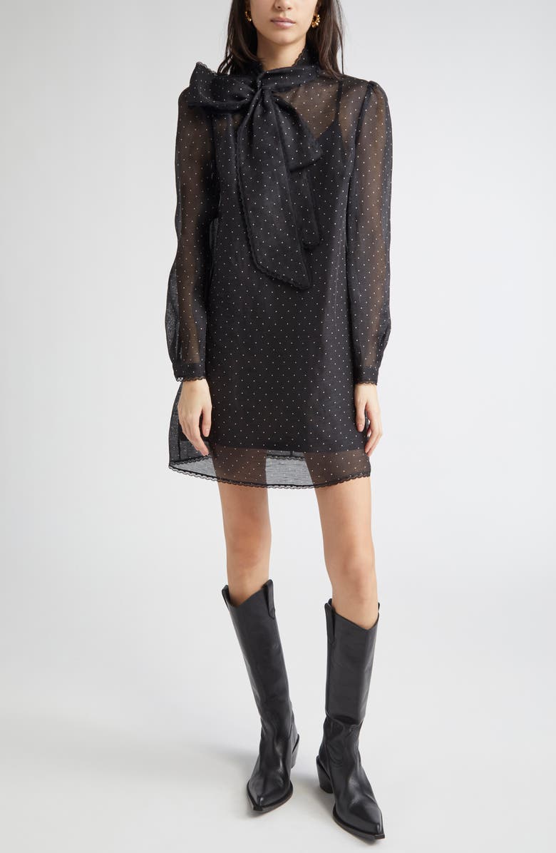 Zimmermann Dream Polka Dot Long Sleeve Pussy Bow Minidress, Main, color, Black Dot