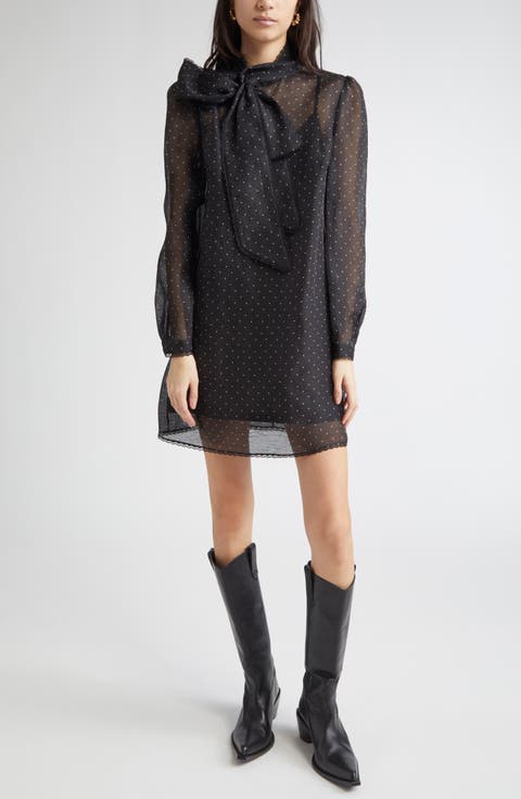 Dream Polka Dot Long Sleeve Pussy Bow Minidress