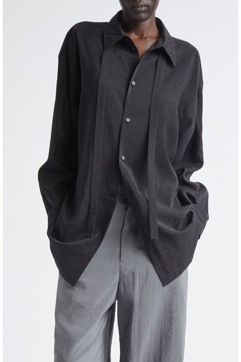 Silk Blend Tie Button-Up Shirt, Main, color, BLACK