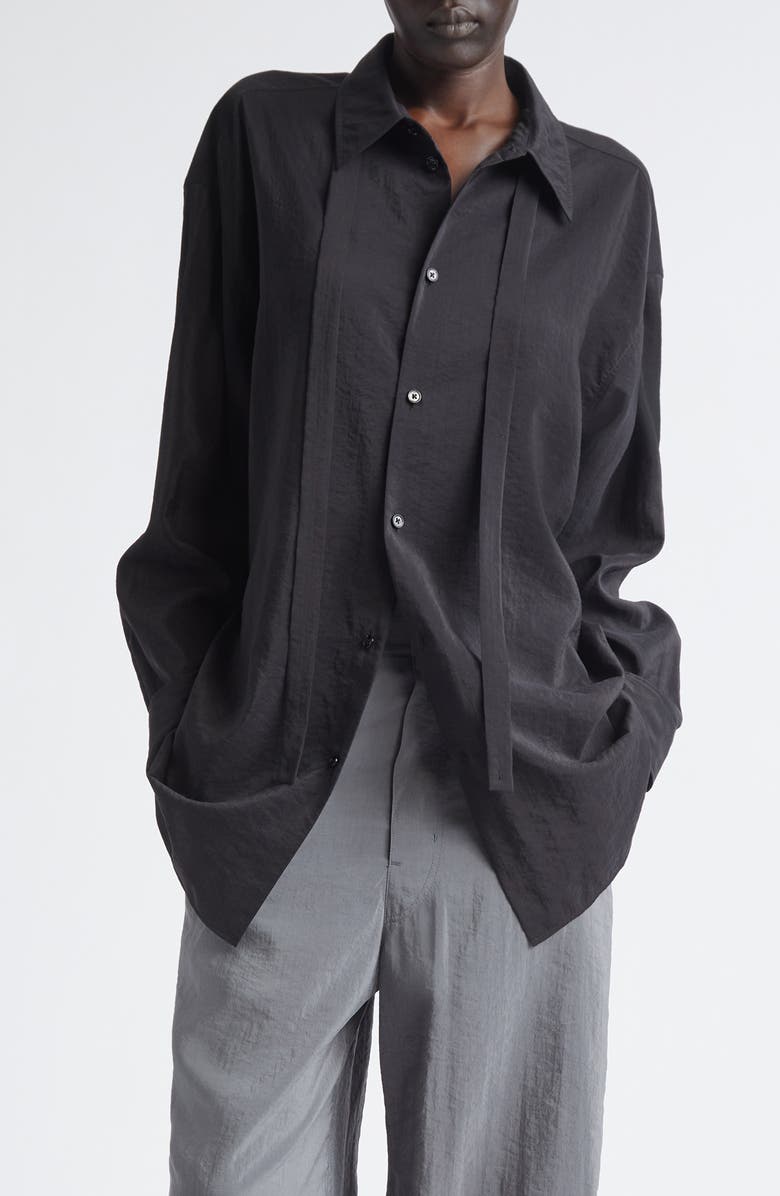 Lemaire Silk Blend Tie Button-Up Shirt, Main, color, Black