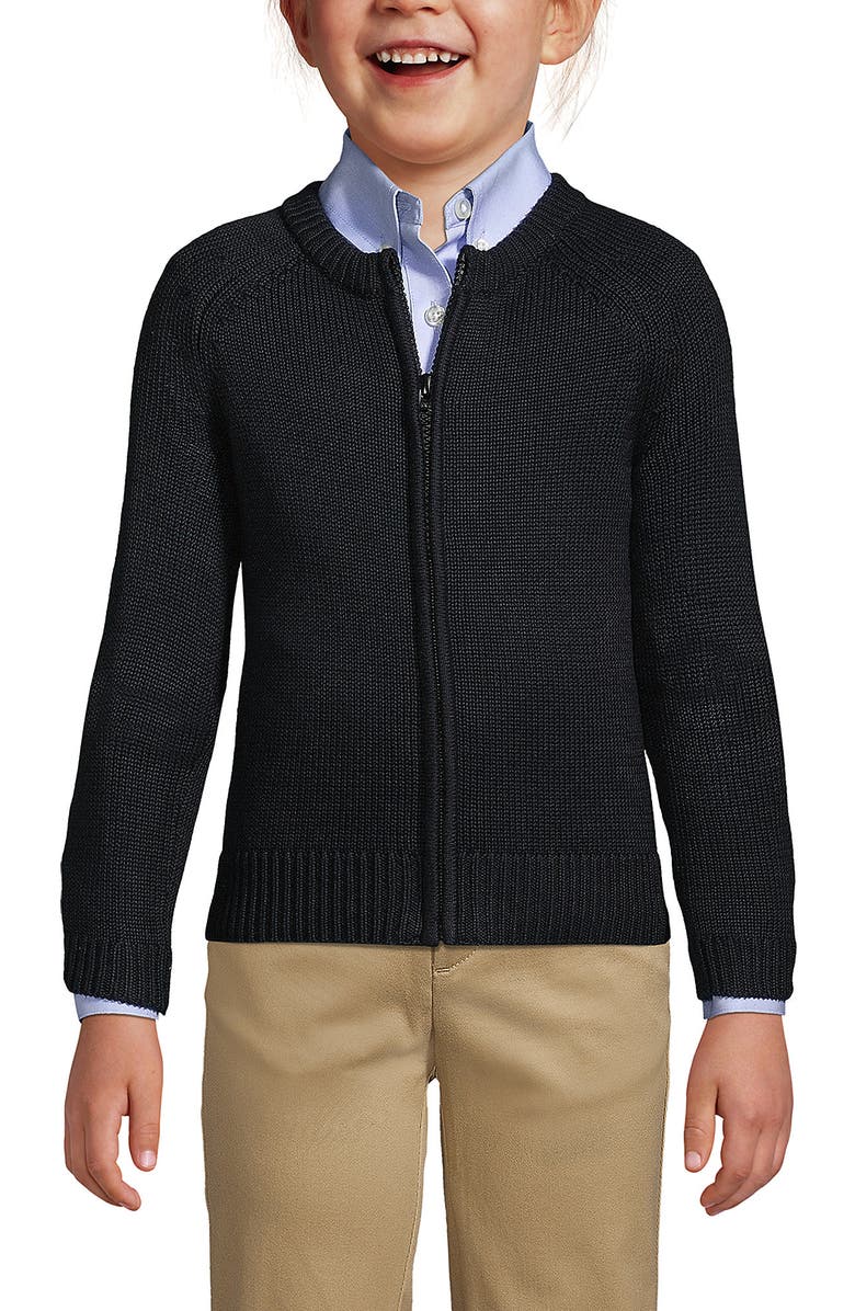 Lands' End School Uniform Girls Cotton Modal Zip-front Cardigan Sweater, Main, color, Black