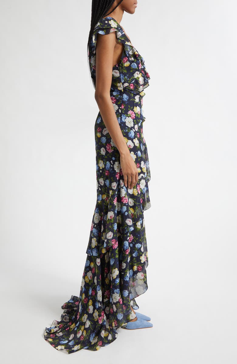 Carolina Herrera Floral Print Ruffle Asymmetric Silk Gown, Alternate, color, Midnight Multi