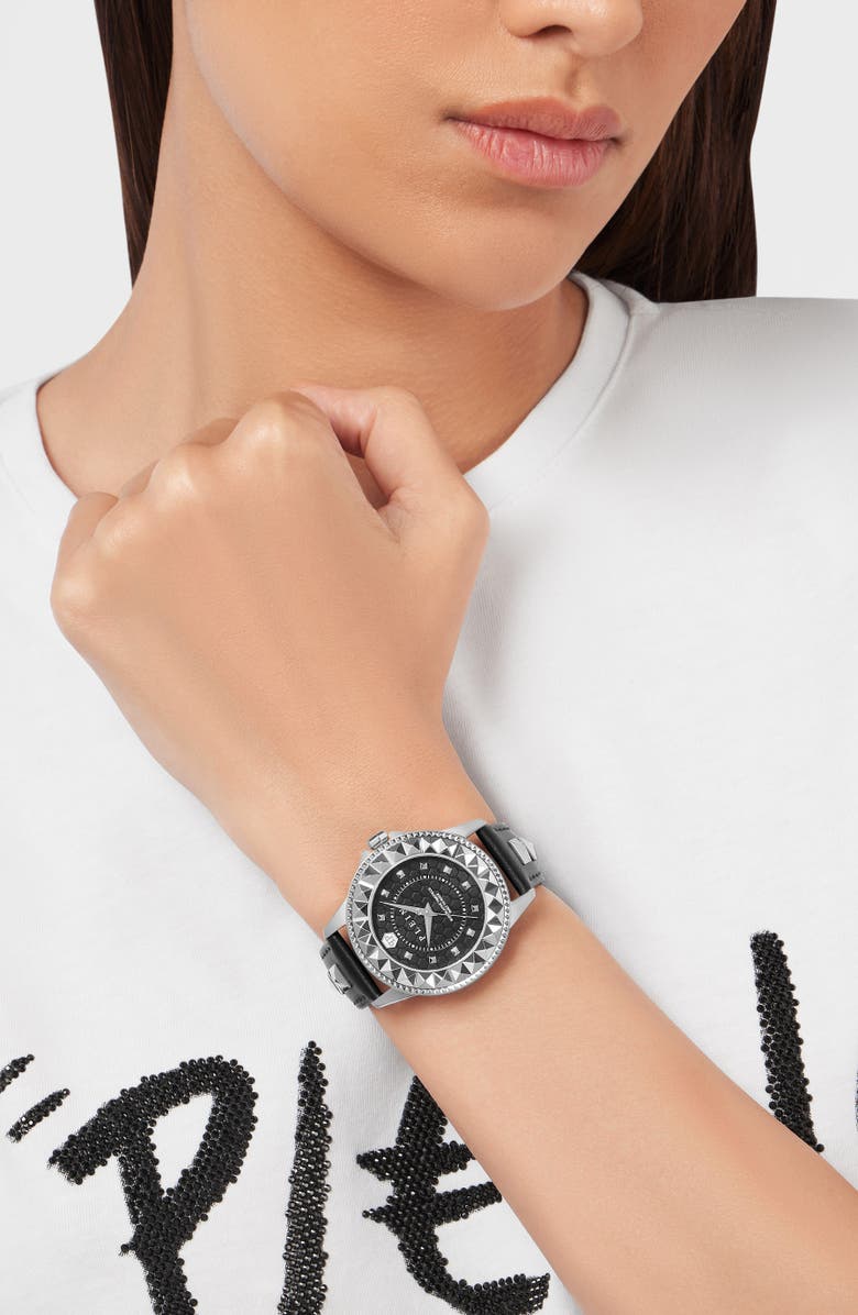 PHILIPP PLEIN Rock Leather Strap Watch, 38mm, Alternate, color, Stainless Steel
