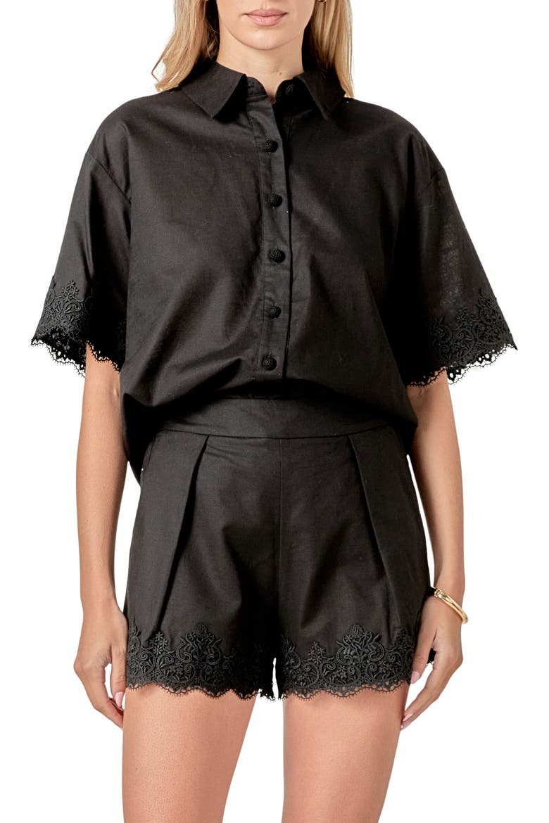 Embroidered Lace Linen Blend Shirt, Main, color, BLACK