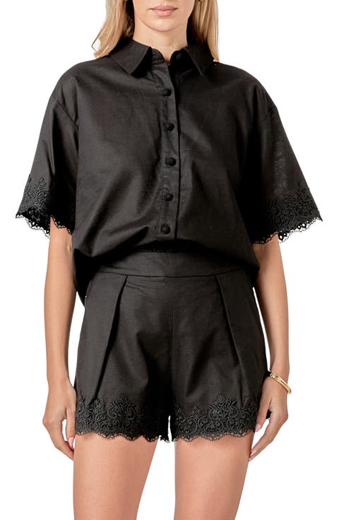 Embroidered Lace Linen Blend Shirt