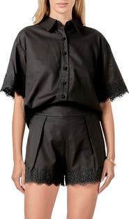 English Factory Embroidered Lace Linen Blend Shirt