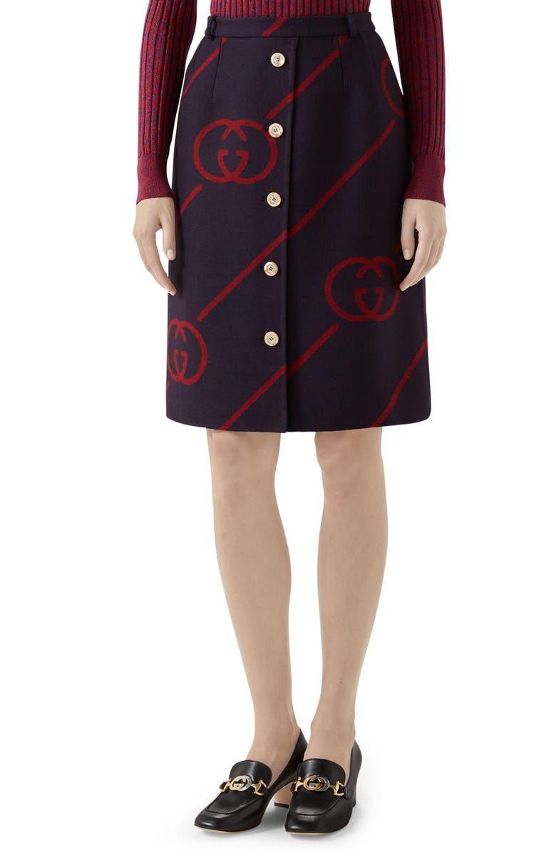 Gucci Interlocking-G Print Reversible Wool & Silk Skirt, Main, color, 