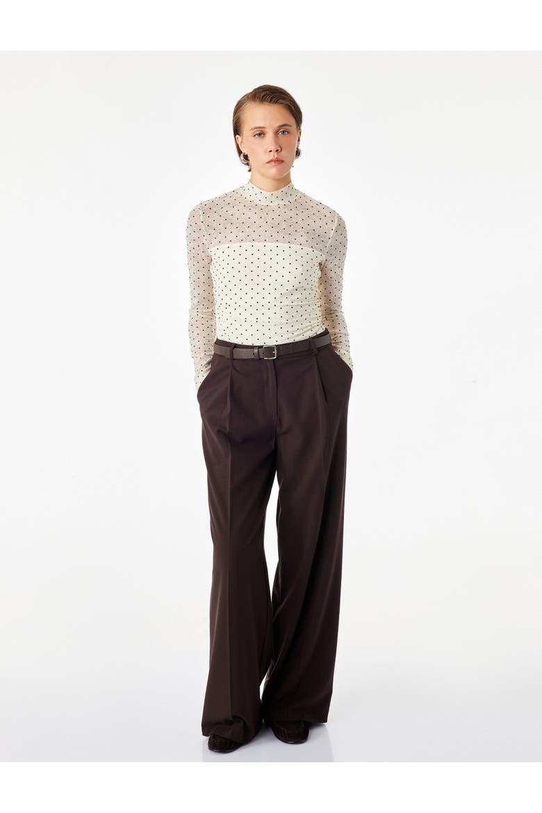 Long Sleeve High Neck Polka Dot Mesh Blouse, Main, color, ECRU DESIGN