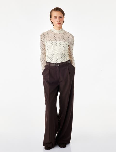 Long Sleeve High Neck Polka Dot Mesh Blouse