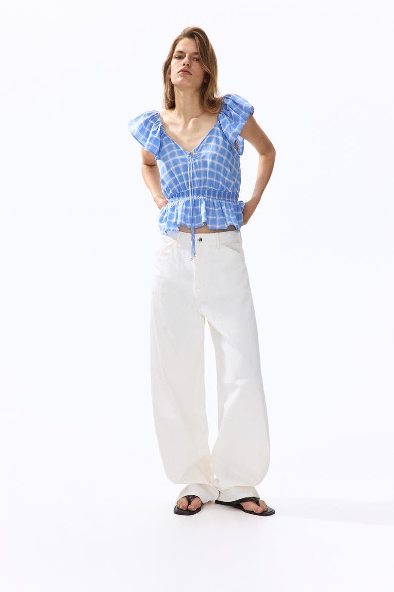 Flutter-sleeved Peplum Blouse, Alternate, color, Blue/checked
