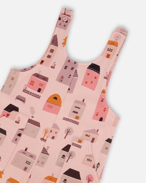 Deux Par Deux Girl's Printed French Terry Overalls Pink And Coral Houses In Pink And Coral Houses