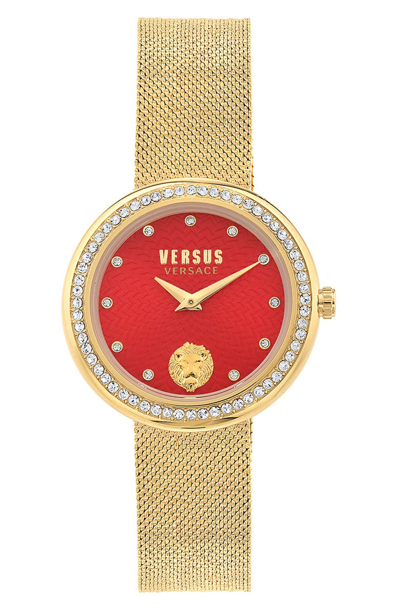 VERSUS Versace Lea Crystal Mesh Strap Watch, 35mm, Main, color, Gold