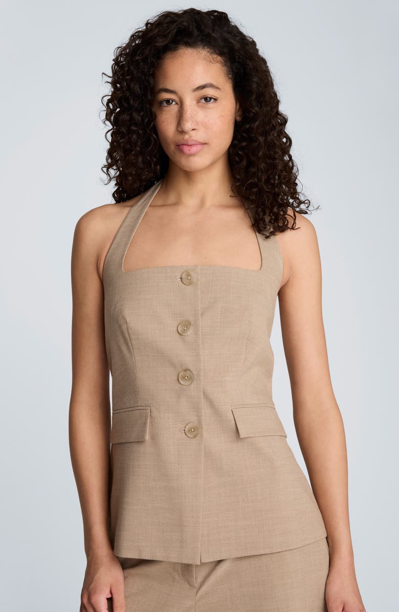 Kenneth Cole Crosshatch Halter Neck Vest, Alternate, color, Mesa Taupe/ Pure White