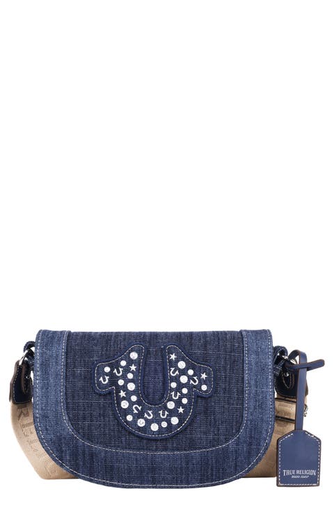 Studded Horseshoe Denim Flap Shoulder Bag