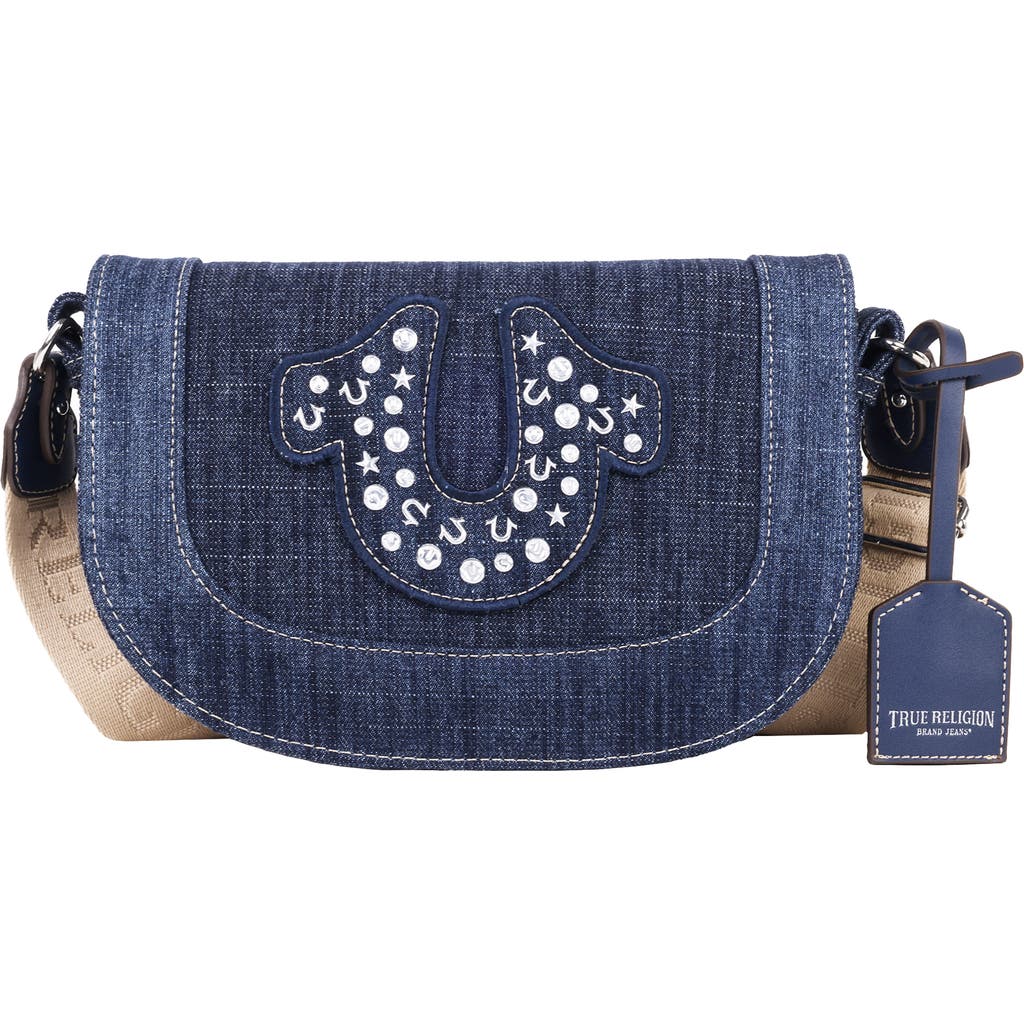True Religion Studded Horseshoe Denim Flap Shoulder Bag