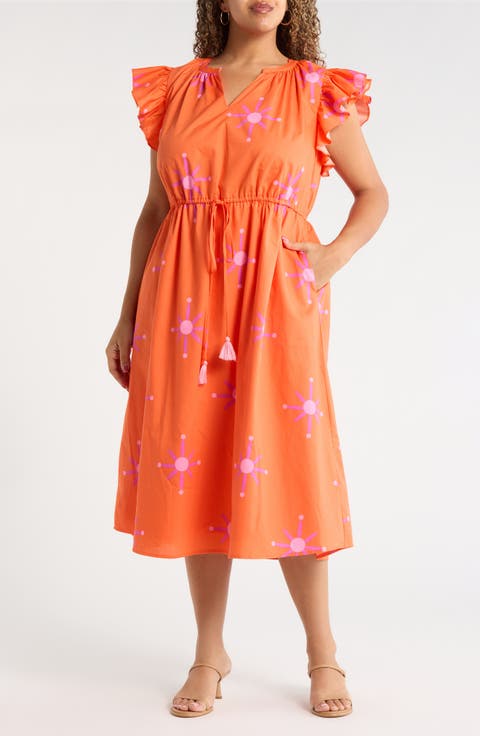 Karani Starburst Flutter Sleeve Tie Waist Midi Dress (Plus)