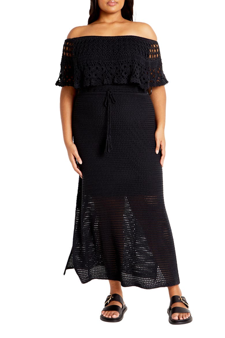 Callie Open Stitch Tie Waist Off the Shoulder Maxi Dress, Main, color, BLACK