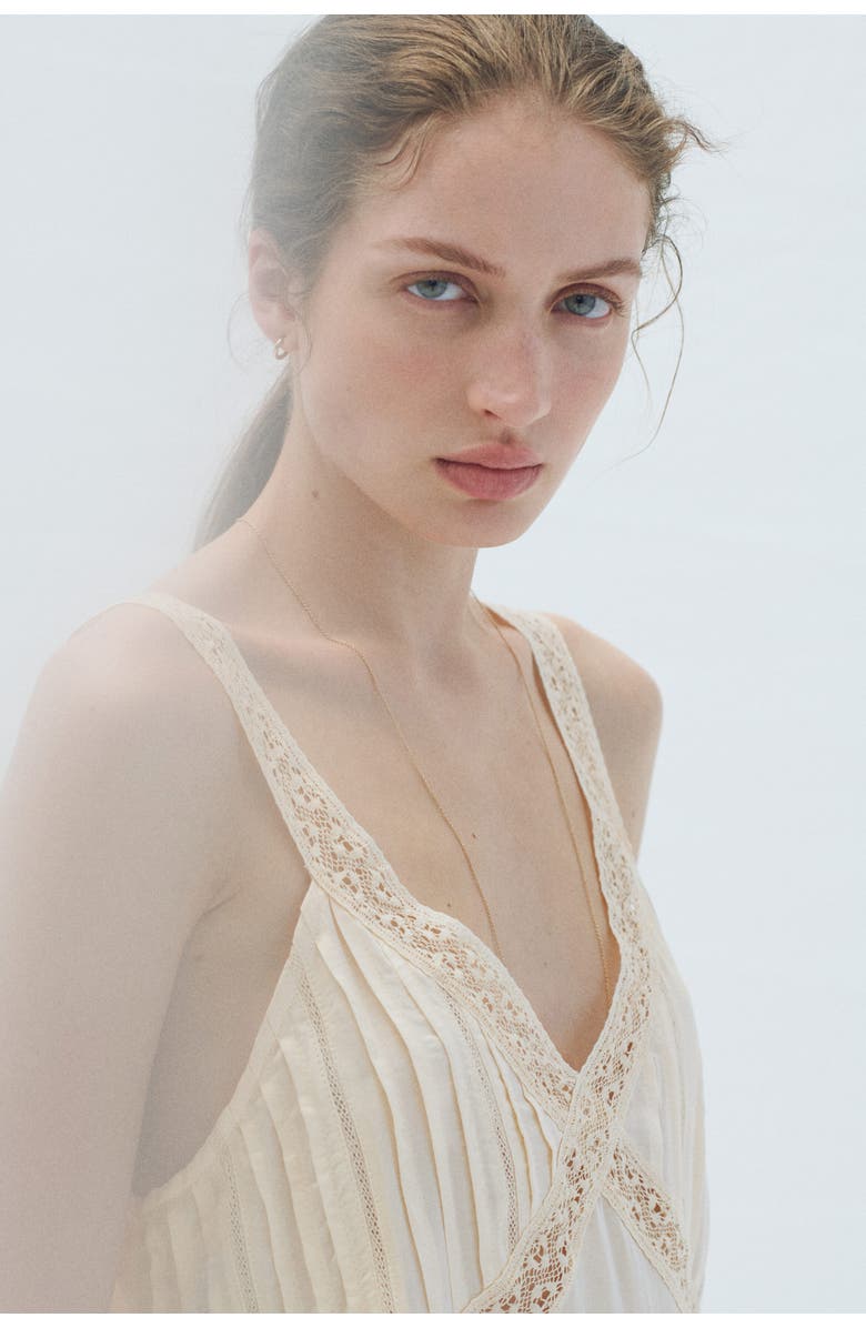 H&M Lace-trimmed Pintucked Top, Alternate, color, Light Beige