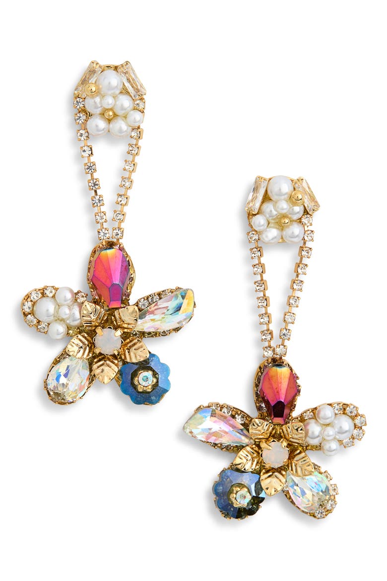 Justine Cubic Zirconia & Faux Pearl Flower Drop Earrings, Main, color, GOLD