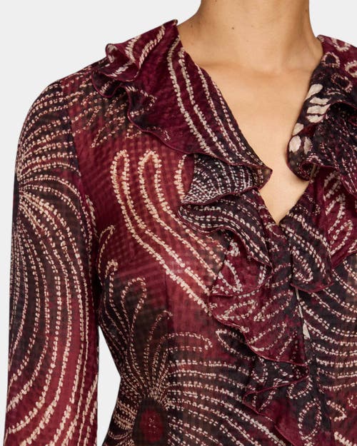 Santorelli Sydney Long Sleeve Button Down Blouse With Ruffles In Silk Modern Gingham Floral Print In Cherry Cola