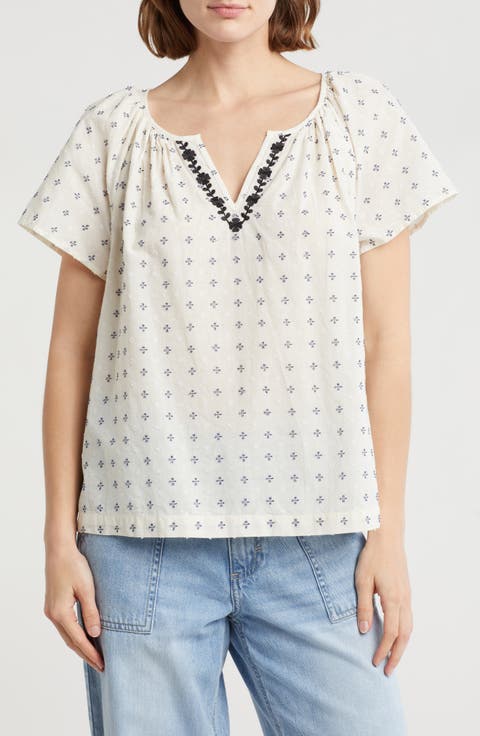 Embroidered Split Neck Top