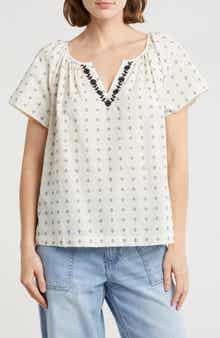 Lucky Brand Embroidered Split Neck Top