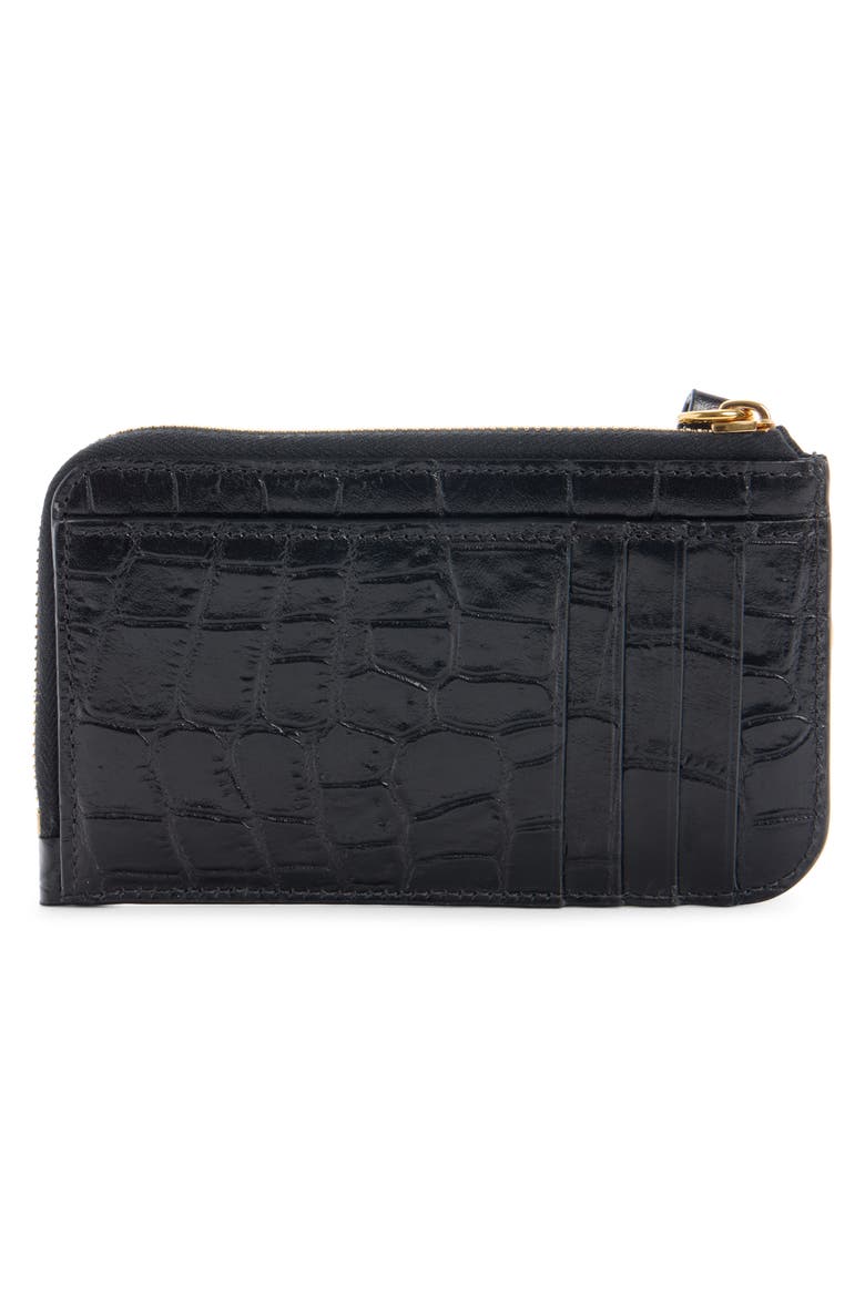 Small Alphabet Zip Croc Embossed Leather Card Holder, Alternate, color, BLACK