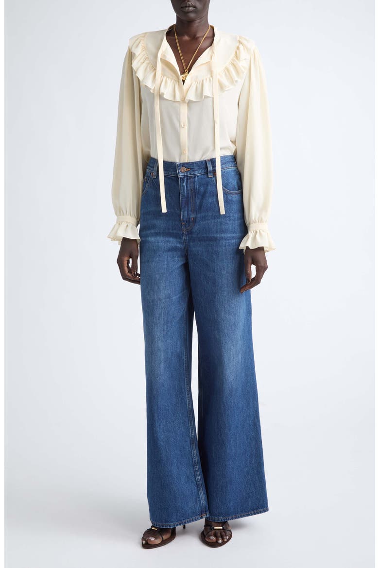Ruffle Silk Crêpe de Chine Button-Up Shirt, Alternate, color, PRISTINE WHITE