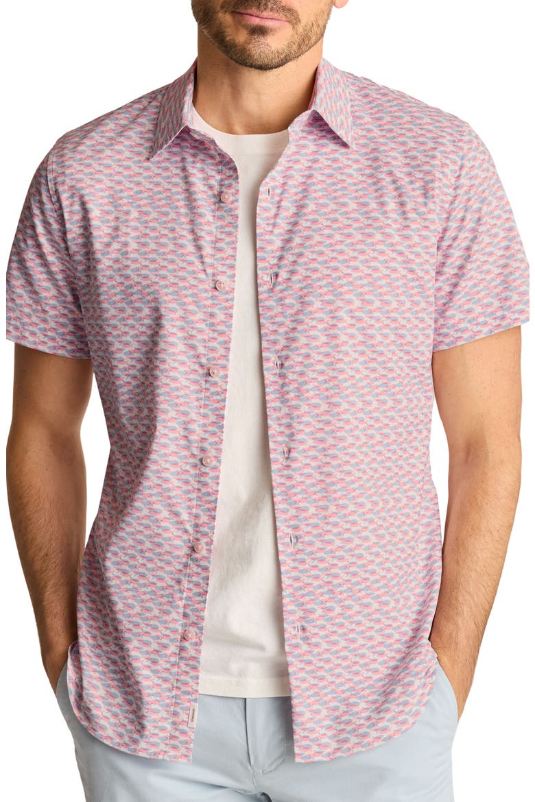 Slim Fit Tech Performance Short Sleeve Button-Up Shirt, Main, color, FISH PARTY