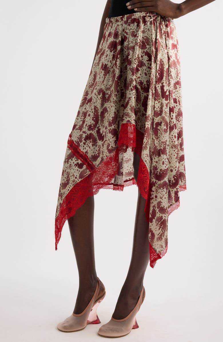 Dries Van Noten Shake Orchid Petal Print Asymmetric Lace Trim Silk Skirt, Alternate, color, 