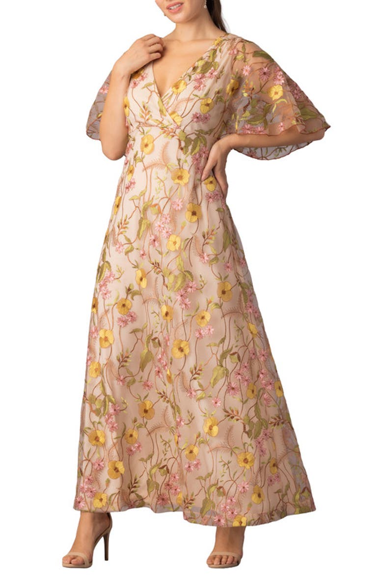 Embroidered Elegance Evening Gown with Sleeves, Alternate, color, Sunkissed Garden