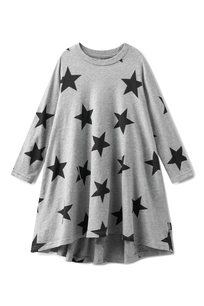 Kids' Star Print Long Sleeve Cotton Swing Dress, Main, color, HEATHER GREY