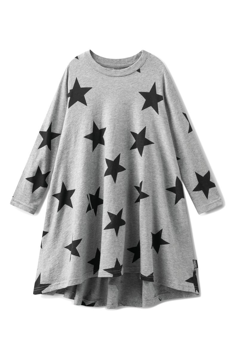 Nununu Kids' Star Print Long Sleeve Cotton Swing Dress, Main, color, Heather Grey