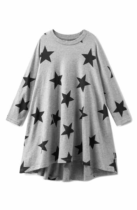 Nununu Kids' Star Print Long Sleeve Cotton Swing Dress