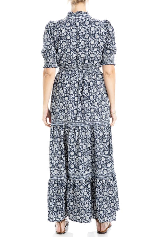 Max Studio Floral Short Sleeve Tiered Maxi Dress In Navy/cream