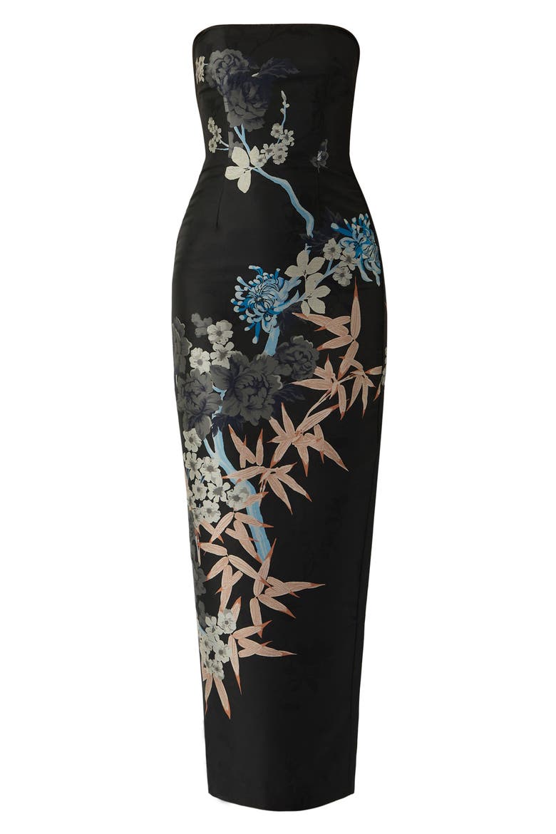 Ilsa Strapless Jacquard Sheath Gown, Alternate, color, BLACK MULTI