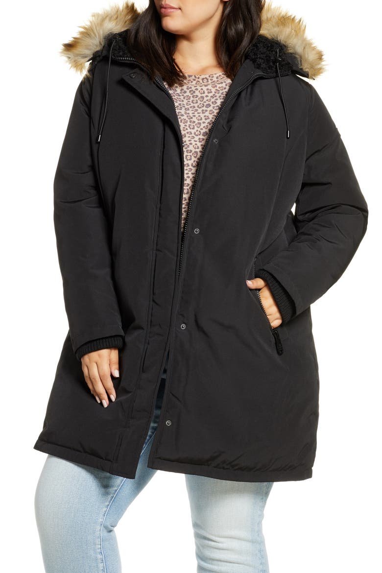 Faux Fur Trim Short Parka, Main, color, BLACK