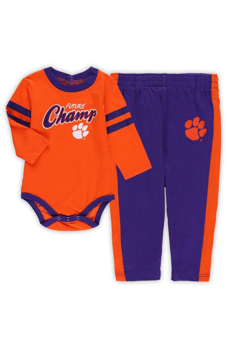 Outerstuff Infant Orange/Purple Clemson Tigers Little Kicker Long Sleeve Bodysuit and Sweatpants Set, Main, color, Orange