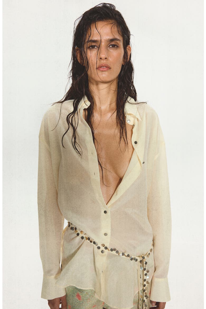 Semi-Sheer Beaded Cotton & Silk Shirt, Alternate, color, OFF WHITE