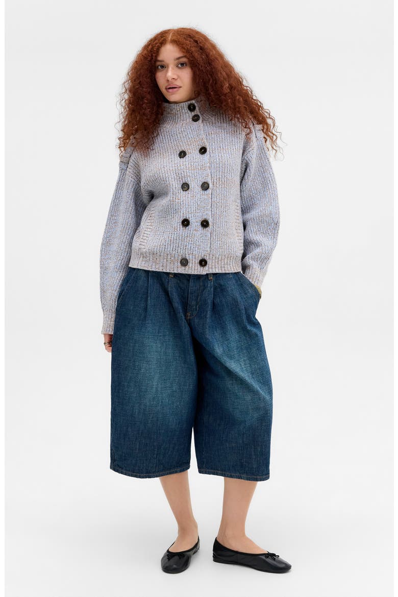 Ribbed Double Breasted Funnel Neck Cardigan, Alternate, color, BLUE