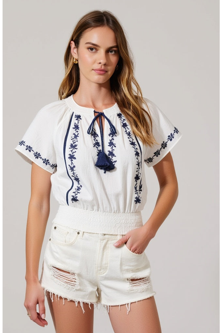 Short-Sleeve Embroidered Peasant Blouse, Alternate, color, White / Blue