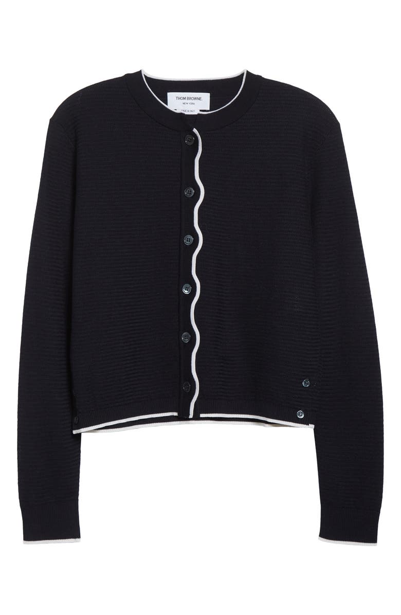 Thom Browne Textured Stitch Virgin Wool Crewneck Cardigan, Alternate, color, Navy