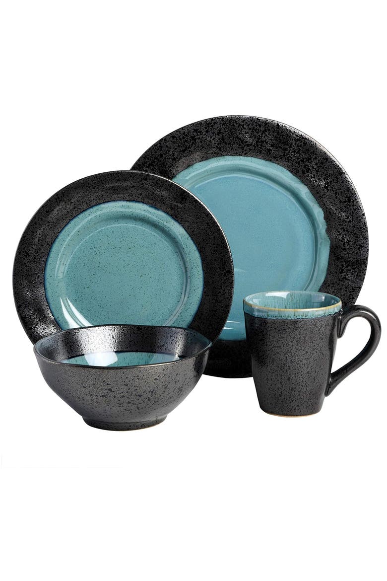 Dragonstone 16 Piece Stoneware Reactive Glaze Dinnerware Set, Alternate, color, Black
