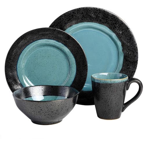 Gibson Elite Dragonstone 16 Piece Stoneware Reactive Glaze Dinnerware Set In Black