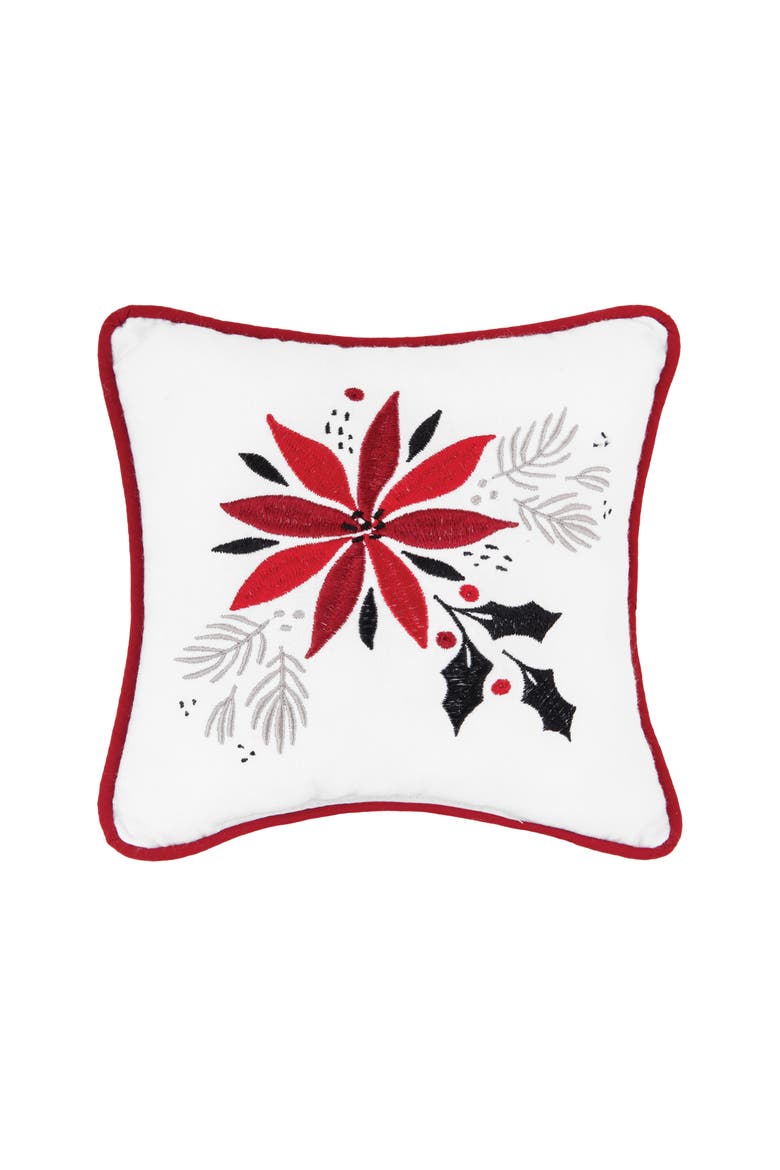 Christmas Poinsettia & Mistletoe Cotton Blend Mini Accent Pillow 8" x 8", Main, color, White