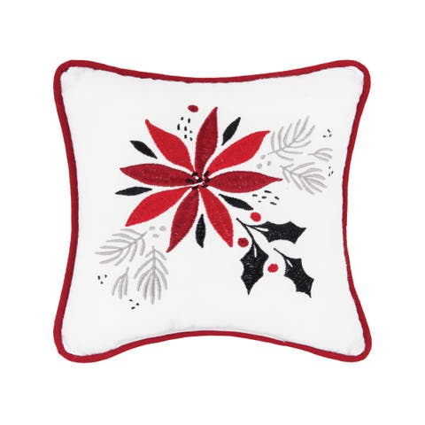 Poinsettia & Mistletoe Embroidered Small Christmas Accent Pillow, 8" x 8"