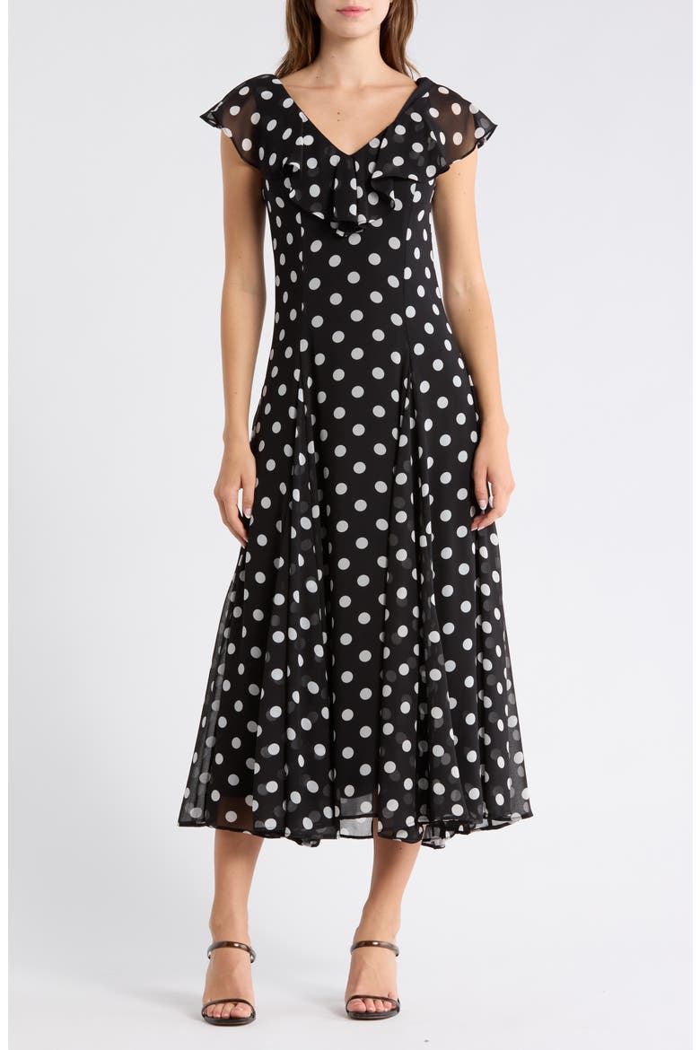 Ruffle Godet Midi Dress, Main, color, BLACK POLKA DOT