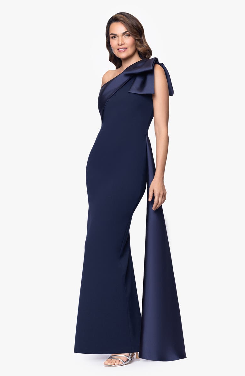 Betsy & Adam Bow One-Shoulder Mikado Gown, Alternate, color, Navy