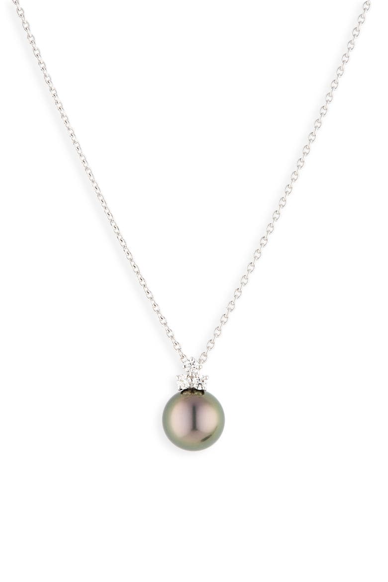 Classic Diamond & Black South Sea Cultured Pearl Pendant Necklace, Main, color, 18KW